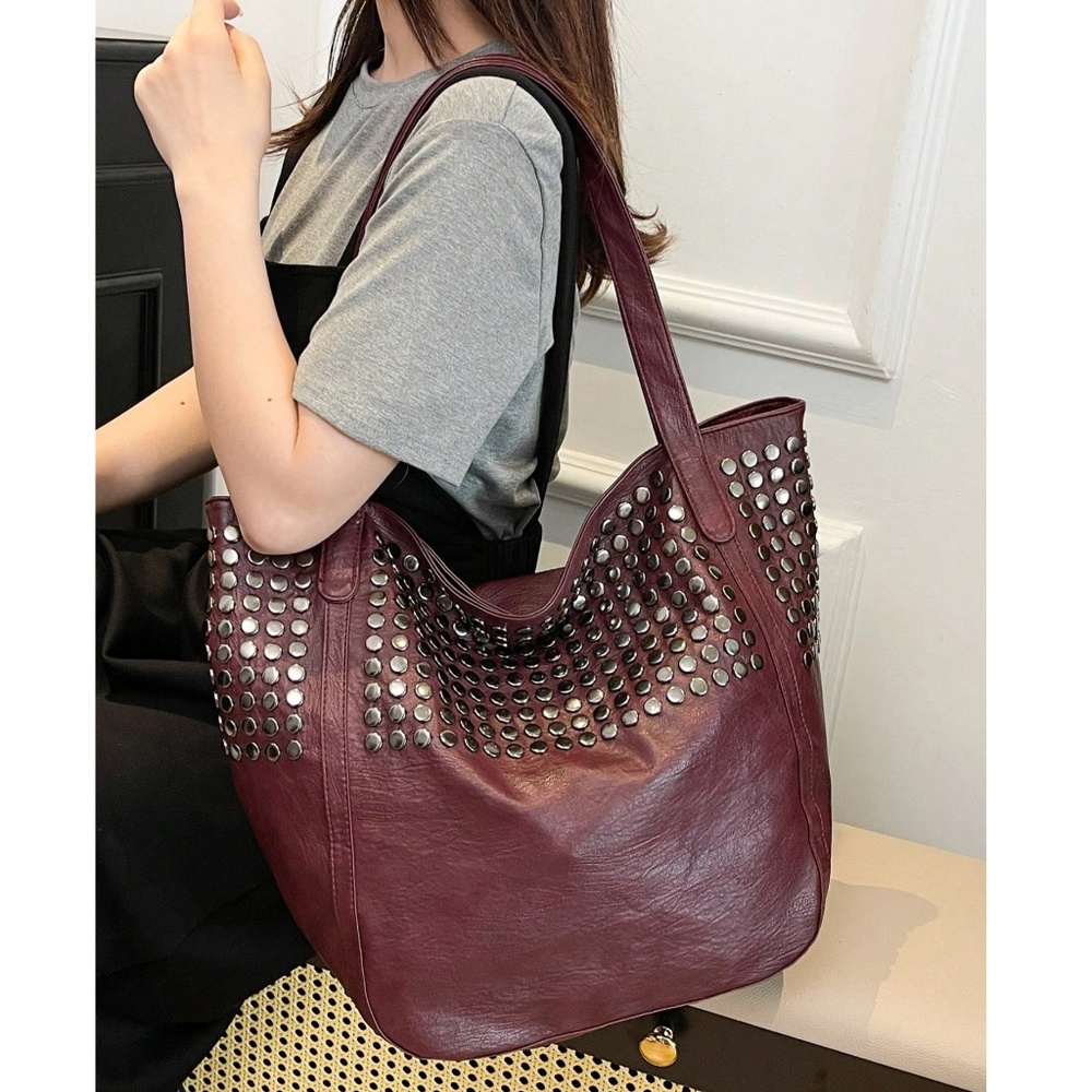 Burgundy Vegan Leather Studded Tote Bag - Picture 3 of 6